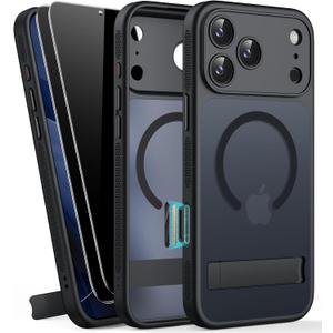 BXYJY for iPhone 17 Pro Max Magnetic Case with Stand, 2 Privacy Screen Protectors, Camera Control, Compatible with MagSafe, Full Lens Protection, Military Grade, Translucent Case for 17 Pro Max, Black