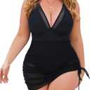 Verdusa Women's Plus Size Ruched Drawstring One Piece Swimsuit Deep V Neck Bathing Suit (XX-Large Plus, Black)