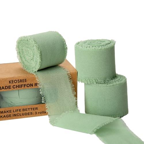 KEOSREE 3 Rolls Sage Green Handmade Chiffon Ribbon,1.5" x 21Yd Frayed Fringe Silk Ribbons (3 Rolls *7Yd) for Gifts Wrapping, Wedding Invitations, Bridal Bouquets, Decorations