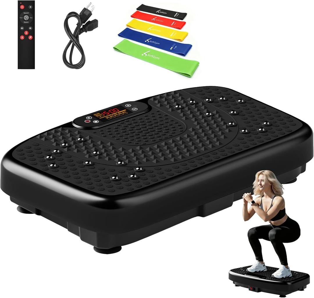 SoftGym Vibration Plate Exercise Machine for Lymphatic Drainage,Power Vibrate Stand Shake Board 450 Lbs Capacity Whole Body Workout Waver with Fitness Resistance Bands Weight Loss Gifts for Women Men