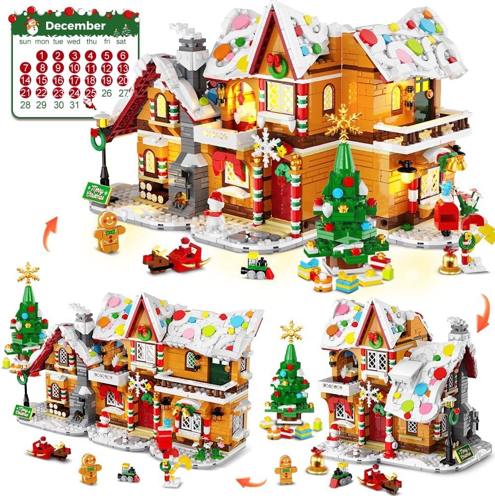 HOGOKIDS 2025 Advent Calendar Gingerbread House Mini Building Set with Light, 24 Days Countdown 3 Style Christmas Village Blocks Toy with Xmas Tree, for Adults Kids Boy Girls Ages 10+