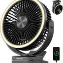 Warmco 15000mAh Portable Clip on Fan Rechargeable, 8 Inch Battery Powered Desk Fan, LED Lantern & Hook, 360° Rotate & 4 Speeds Strong Airflow for Camping Tent Office Outdoor Travel Golf Cart
