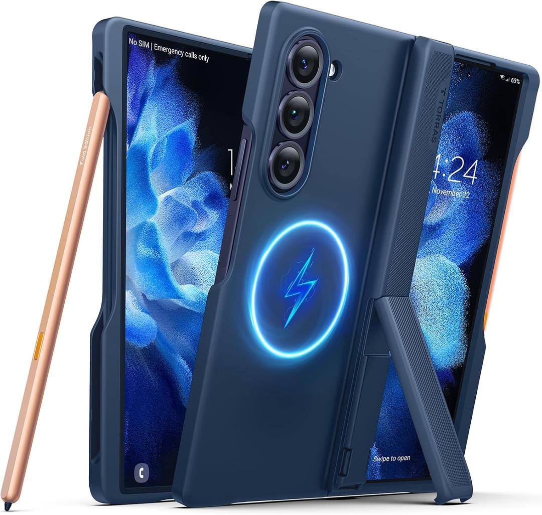 TORRAS Magnetic Armor Stand Galaxy Z Fold 6 Case with S Pen Holder, MIL-Grade Hinge Protection, Compatible with MagSafe, Invisible Kickstand, Blue