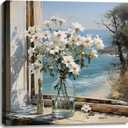 Weiyiart Floral Bathroom Wall Art Blue Ocean Flower Pictures Modern Decor Artwork Canvas Print Coastal Seascape Painting Seaside Artwork Bathroom Living Room Bedroom Decor 20" x 20"