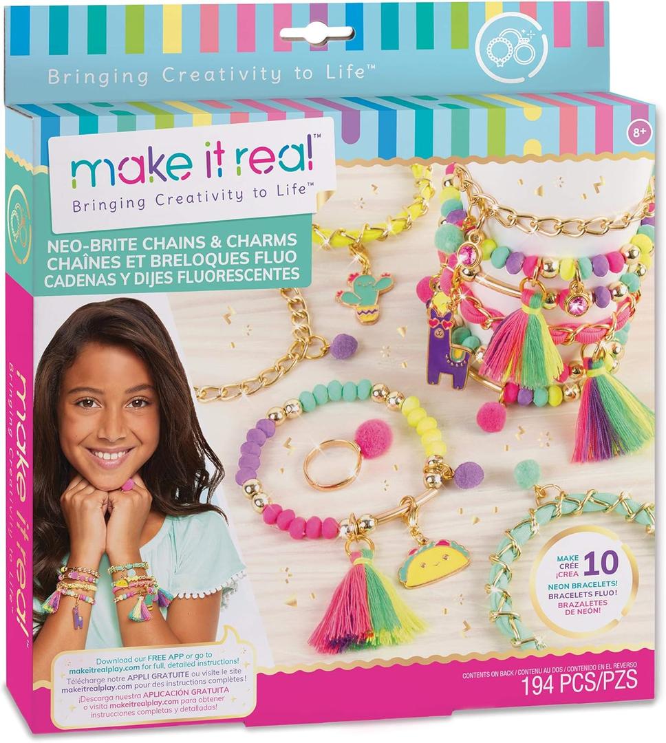 Make It Real: Neo-Brite Chains & Charms Kit - Create 10 Unique Cord & Tassel Charm Bracelets, 195 Pieces, Includes Play Tray,DIY Playful Charm & Jewelry Kit, Tweens & Girls, Arts & Crafts, Ages 8+ Make It Real: Neo-Brite Chains & Charms Kit - Create 10 Unique Cord & Tassel Charm Bracelets, 195 Pieces, Includes Play Tray,DIY Playful Charm & Jewelry Kit, Tweens & Girls, Arts & Crafts, Ages 8+