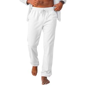 Runcati Mens Casual Pants Drawstring Elastic Waist Lightweight Linen Pants Loose Fit Straight Legs Beach Trousers White (White, XXL)