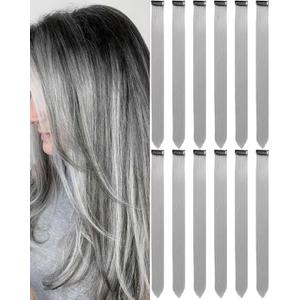 12 PCS Grey Hair Extensions Clip in, 22 Inch Colored Hair Extensions Party Highlights Long Straight Synthetic Hairpieces for Women Cosplay