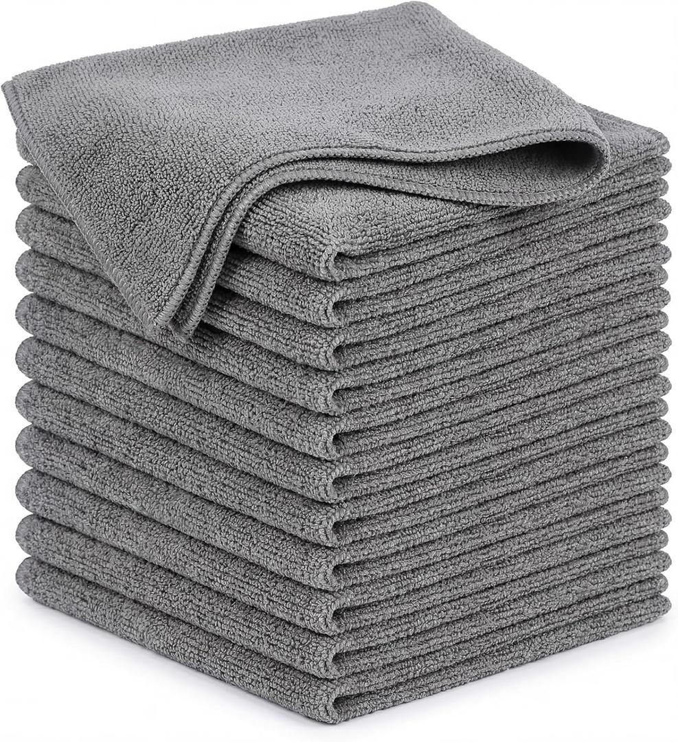 POPCHOSE Microfiber Towels 12 Pack for Cars, Super Absorbent Cleaning Cloths, Lint Free Streak Free Towels for Car Detailing, Household, Kitchen, Glass & Tools, Grey