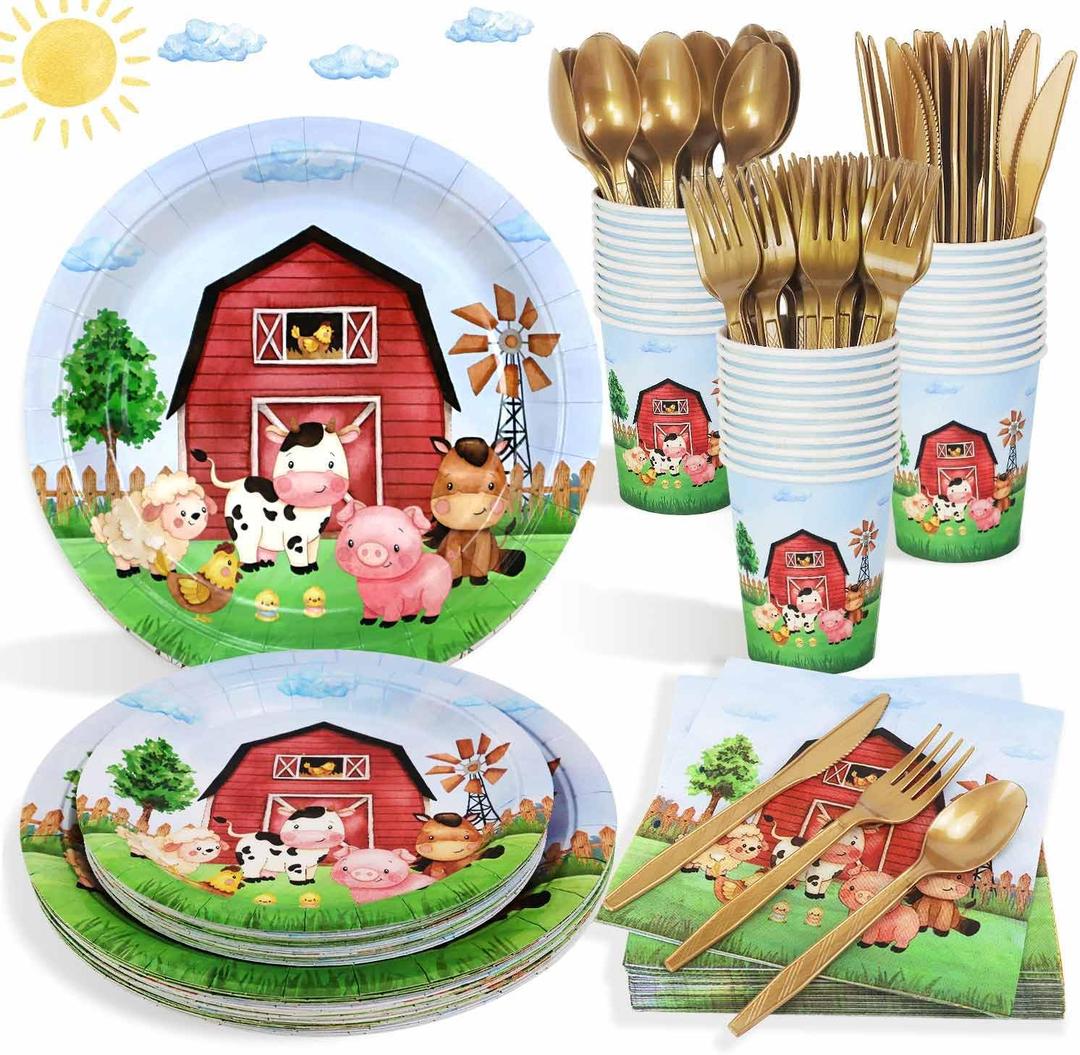 175 Pcs Farm Birthday Decorations Plates Set 25 Guests, Farm Animals Theme Baby Shower Watercolor Paper Plates Napkins Cups Cutlery Set Party Supplies