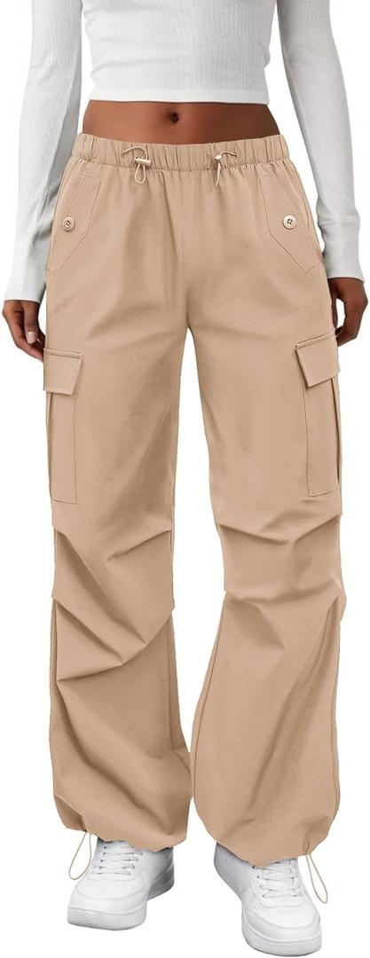 Cargo Pants Women Elastic Waisted Parachute Hiking Pants with Pockets Water-Resistant Lightweight Baggy Pants (Small)