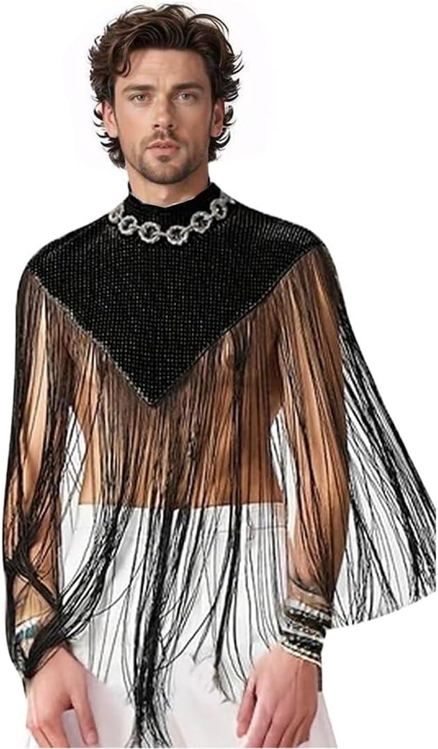 Men's Long Tassel Shrug Shoulder Pads Tank Top Clubwear Disco Rave Outfits Patchwork Sequins Fringe Outwears, Medium