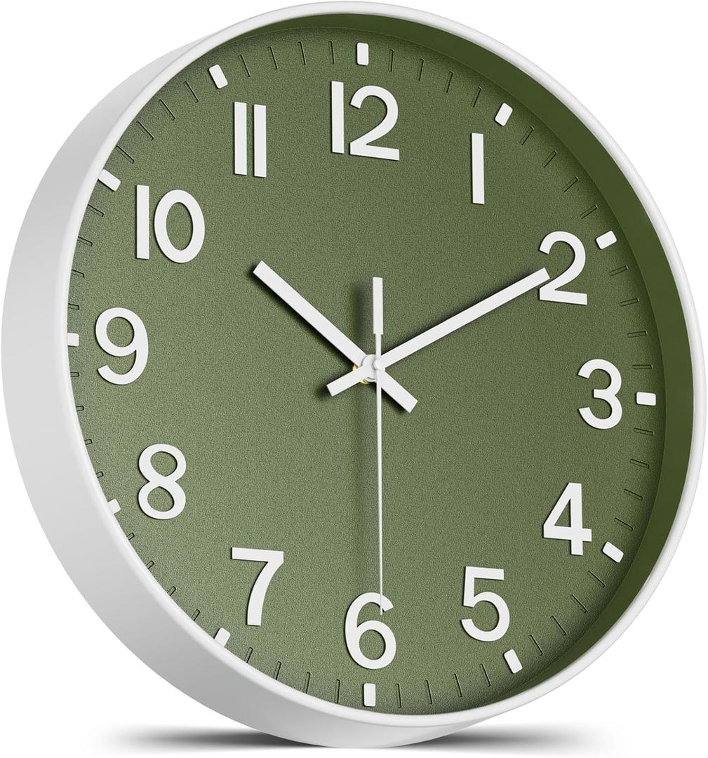 Silent Wall Clock Non-Ticking Battery Operated  Modern Olive Green Analog Wall Clock for Living Room, Kitchen, Office, Bedroom  Stylish Home Wall Decor Clock, 8 Inch