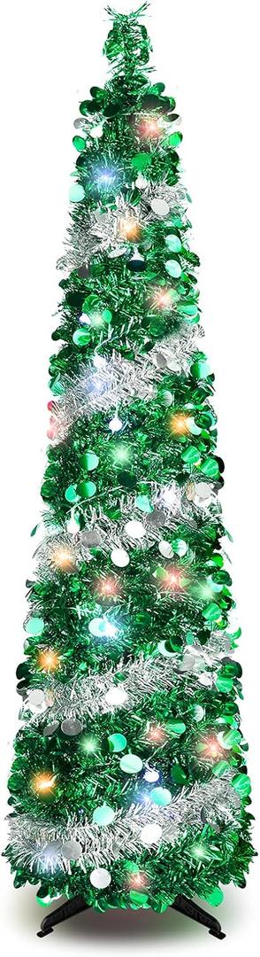 5FT Pop Up Christmas Tree with 90 LED Lights, Collapsible Artificial Pencil Christmas Tree, Tinsel Skinny Christmas Trees for Home Apartment Porch Indoor Outdoor Holiday Decorations (Silver Green-5ft)