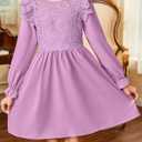 blibean Tween Girls Fall Dresses Kids Semi Formal Flower Lace Puff Long Sleeve Midi Dress Party Wedding Spring Clothes Solid Bridesmaid Flare Outfits Vestidos Nias Size 6-7 Years Old Purple (Purple, M)