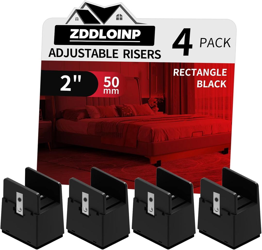 Bed Risers with Adjustable Screw Clamp, Fits Furniture Frame from 0 to 1.5 Inch, Furniture Risers 2 Inch Heavy Duty Risers for Square Round Straight Furniture Legs Support up to 5000Ibs (4Pack, Black)