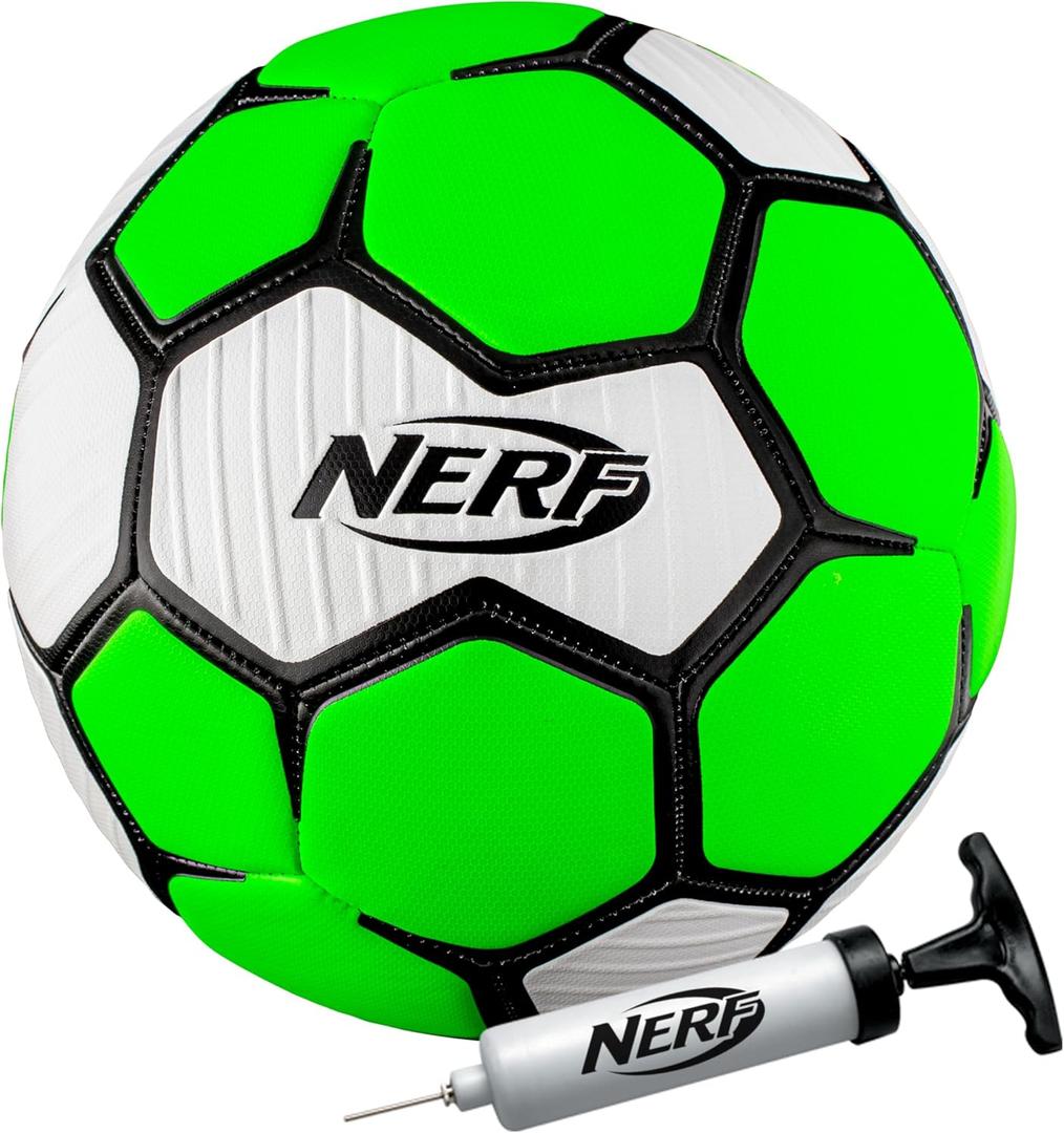 Nerf Proshot Kids Soccer Ball - Size Indoor + Outdoor Youth Soccer Ball + Air Pump Set - Official Size Soft Cover for Boys + Girls - Pump + Inflation Needle Included (Green)