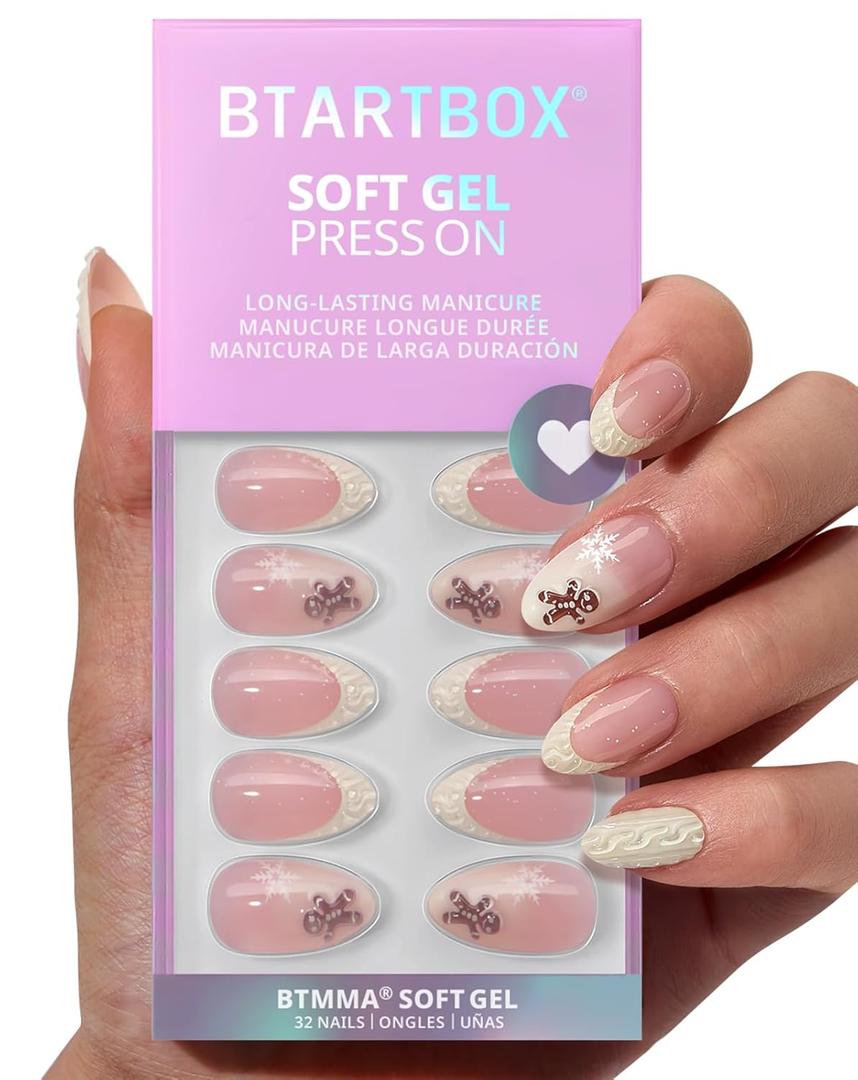 BTArtbox French Tip Press On Nails - Gingerbread Joy, 3D Short Almond Christmas Press On Nails with Glue and Adhesive Tabs for Women in 16 Sizes - 32 Soft Gel Glue On Nails Kit