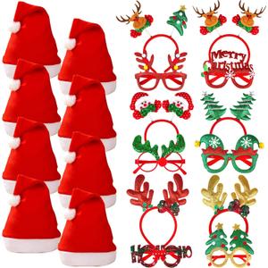 fiintrwa Christmas Headband Beads Necklace Hair Hoop Eyewear Eyeglass Santa Hat Photo Props for Xmas Party Decoration Supplie