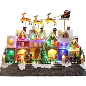MUMTOP Christmas Village House with Flying Reindeer, Light Up Animated Town Building with Santa Sleigh for Indoor Holiday Xmas Tabletop Decor