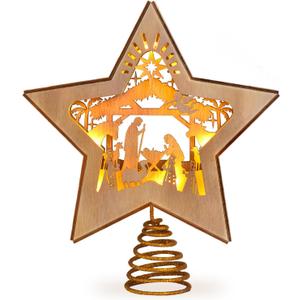 GHOSTMAGIC 3D Wooden Nativity Christmas Tree Star Topper Lighted, LED Xmas Decor Ornaments for Indoor