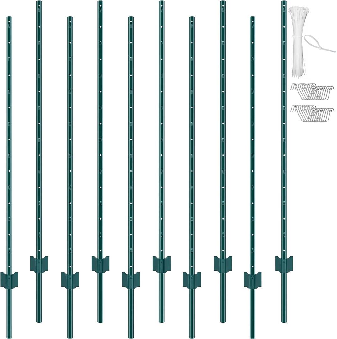 VEVOR 5 Feet Fence Post, 10 Pack U-Channel Heavy Duty Metal Fence Posts with 30 Zip Ties & 20 Clips, Sturdy Steel Fence Stakes for Garden Yard, Lawn, Farms and Outdoor Wire Fencing, Green