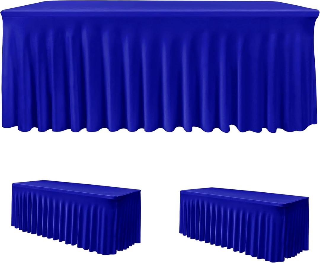 HolidayIdeas Royal Blue Spandex Table Skirts for Rectangle Tables 6ft, Fitted Stretch Table Cover 30x72 Inch, Wrinkle-Free Ruffle Design Tablecloths for Banquets,Trade Shows, Parties, Events, 2 Pack