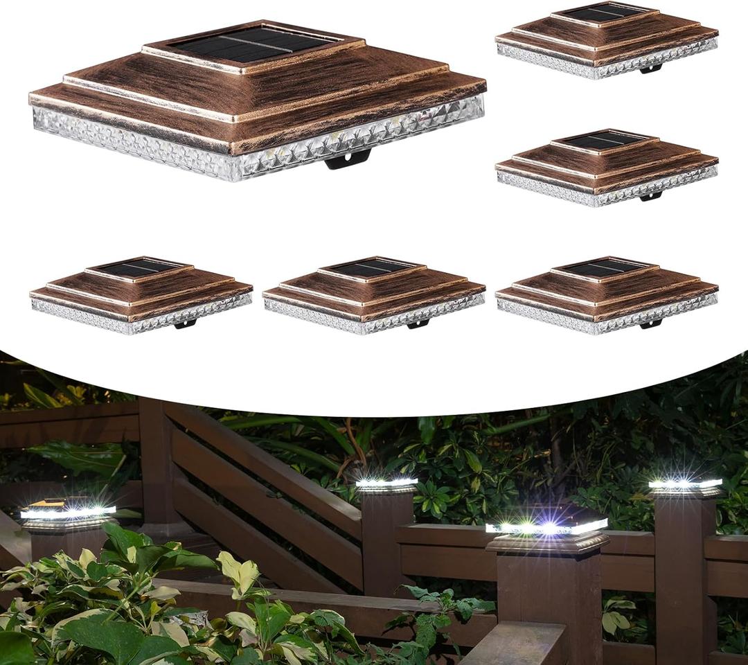 Solar Post Cap Lights,Outdoor Deck Fence Post Lights,Powerful Lithium Battery 20Lumens Two Light Modes Warm White/Bright White Suitable for 4x4 5x5 Wooden Posts,4x4 Viny Posts (Brushed Copper, 6pk)