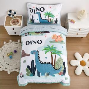 4-Piece Dinosaur Toddler Bedding Set for Boys - Soft & Skin Friendly Toddler Bed Set Includes Toddler Comforter, Flat Sheet, Fitted Sheet and Pillowcase (Mint Green)