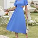 Women Square Neck Short Sleeve Dress 2025 Summer Midi Dresses Crossover Waist Casual Evening Party Vacation Dress (Blue, M)