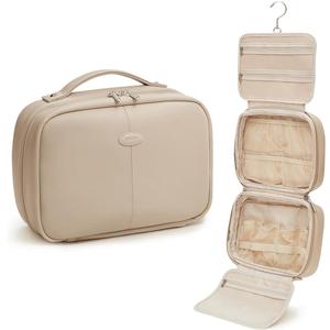 EACHY Toiletry Bag with Hanging Hook, Travel Makeup Bag PU Leather Cosmetic Bags for Women Make Up Organizer with 4 Compartments Waterproof Full-Size Portable Travel Essentials (TrenchPro)