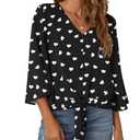 VIISHOW Women's Casual V Neck Tops 3/4 Sleeve Tie Knot Summer Blouses Button Decorative Shirts Blouses,L Black Love,Small