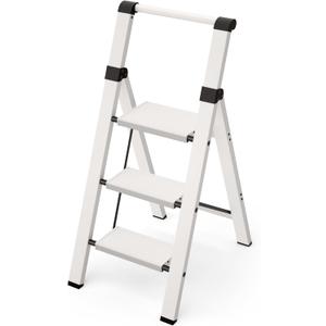 Taranta 3 Step Ladder, Lightweight Aluminum Step Stool with Convenient Handgrip, Folding Ladder with Anti-Slip Pedals, 330lbs Capacity Stepladder for Home, Office, Kitchen - White