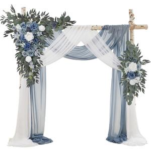 Ting's time Wedding Arch Flowers with Drape Kit (Pack of 4),2pcs Dusty Blue Floral Swags Arrangement and 2pcs Drapes Fabric for Wedding Ceremony and Reception Backdrop Decoration