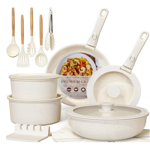 Astercook Ceramic Nonstick Cookware 21 Pcs Pots and Pans Set, Detachable Handle, RV Kitchen Non Stick Cooking Set Removable Handles, Oven Safe, Induction Ready, Stackable, Cream White
