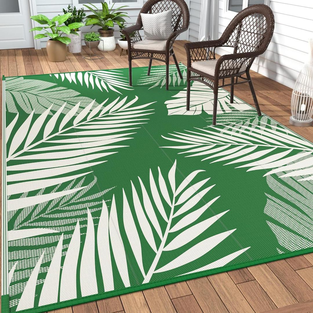 GENIMO Outdoor Rug 9' x 12' Waterproof for Patios Clearance, Reversible Outdoor Plastic Straw Camping Rug Carpet, Large Area Rugs Mats for RV, Picnic, Backyard, Deck, Balcony, Porch, Dark Green&White