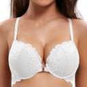 Deyllo Women's Front Closure Bras Lace Racerback Padded Push Up Bra Underwire Plunge (White)