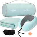 Travel Pillow and Blanket Set Neck Pillows Soft Blankets with Sleep Mask Travel Essentials for Airplane Car Memory Foam Blue Green