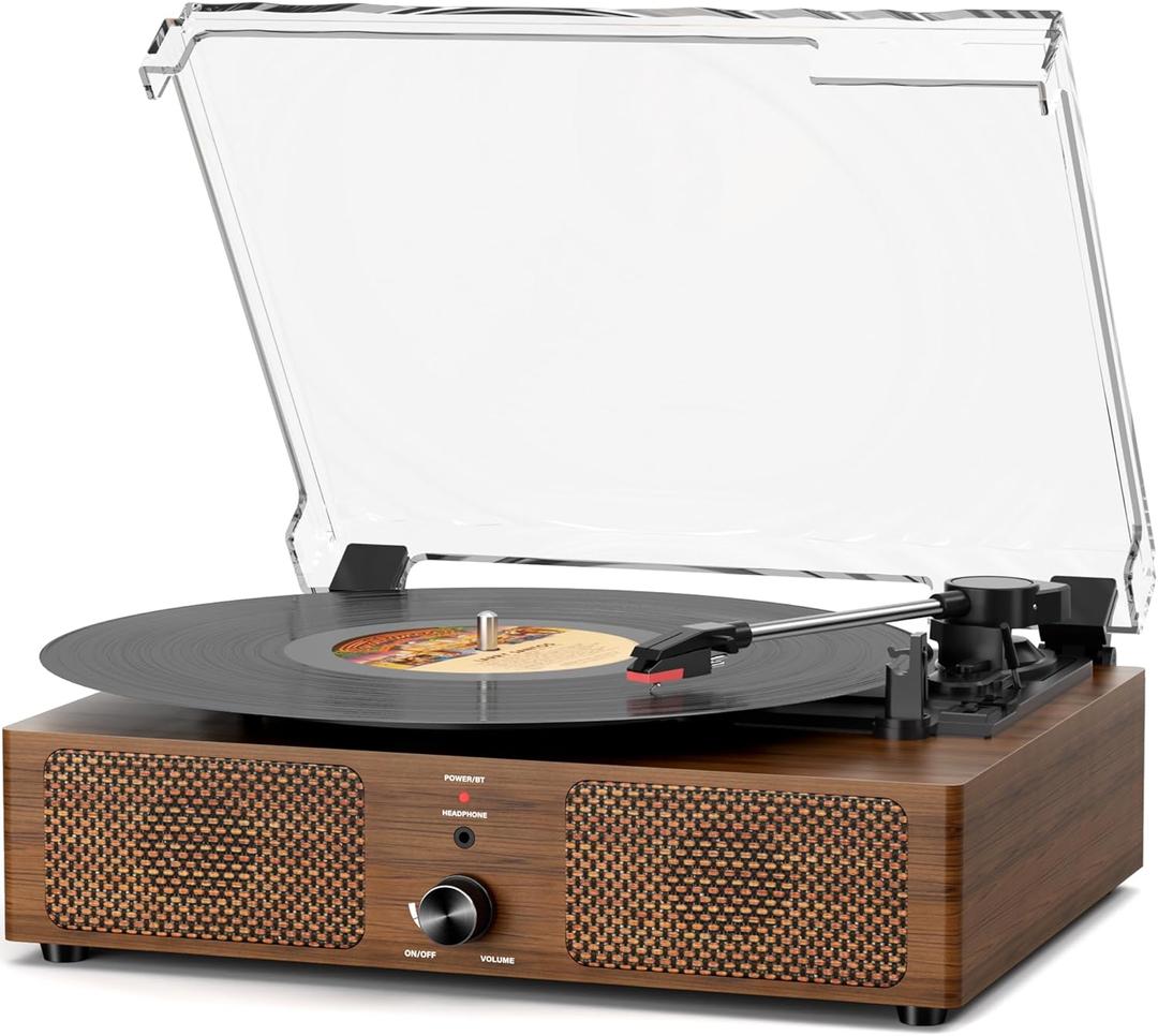 Vintage Wooden Record Player with Bluetooth 3-Speed Belt-Driven Turntable Built-in Speakers, Beginner Friendly Retro Phonograph for Home Decor, for Vinyl Enthusiasts (Walnut Finish)