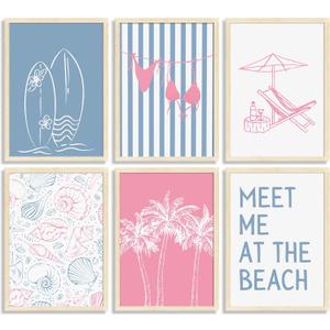 6Pcs Coastal Beach Surfing Wall Art Preppy Bikini Shells Painting Picture Wall Decor Summer Meet Me at the beach Poster Print Artwork for Living Room Bedroom Dining Room Bathroom Home Decoration (10"L x 8"W)