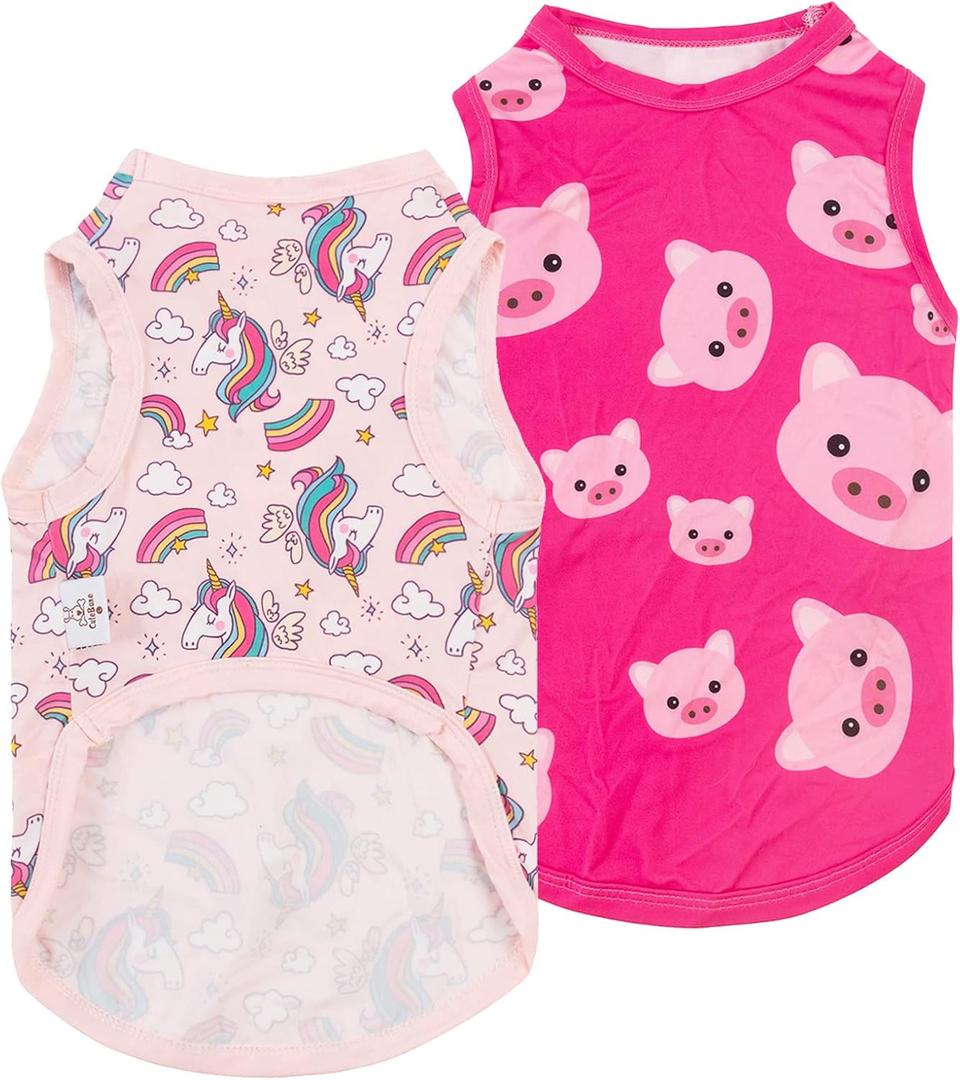 CuteBone Dog Shirts 2-Pack Soft Pet Clothes Breathable Summer Vest for Small Puppy and Stretchy Cat Apparel 2BX09M (Medium, Pig&unicorn)