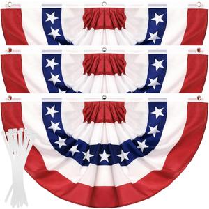 3 Pack USA Pleated Fan Flag, 2 X 4 FT American Flag Bunting with Brass Grommets and Zip Ties, Memorial Day Independence Day Patriotic Half Fan Banner Flag Decoration 4th of July Decorations Outdoor
