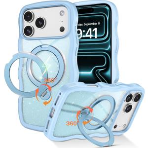 QuantumKoo for iPhone 17 Pro Max Case with 360 Magnetic Stand, Clear Glitter Cute Curly Wave iPhone 17 Pro Max Phone Case Compatible with MagSafe, Ring Kickstand Shockproof Cover for Women Men,Blue