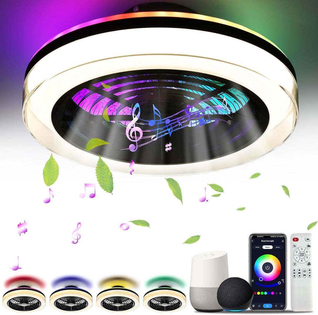 TCFUNDY Ceiling Fan with Light, 18" LED RGB Low Profile Fan Light with Bluetooth Smart WiFi, Fit for Alexa, Google Assistant, 6 Wind Speed, with Remote Control App Control