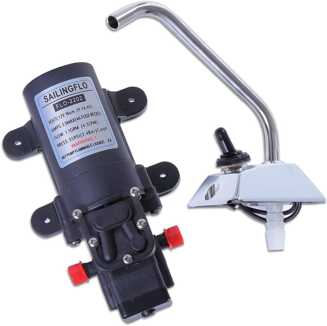 12V RV Water Pump - 35Psi, 1.0GPM with Pressure Switch & 360 Rotatable Faucet, Quiet Self-Priming Marine Camper Water Pump for RV, Yacht, Caravan, Boats