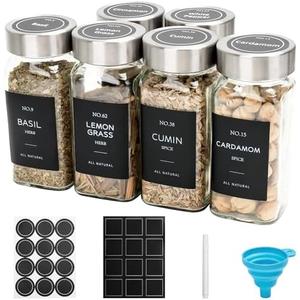 OHHLIHOME 6 Pcs Glass Spice Jars with Label, 4oz Spice Jars with Lids, Seasoning containers Set, Comes with spice bottle caps, Silicone Collapsible Funnel,chalk, for Spice Rack, Cabinet, Drawer