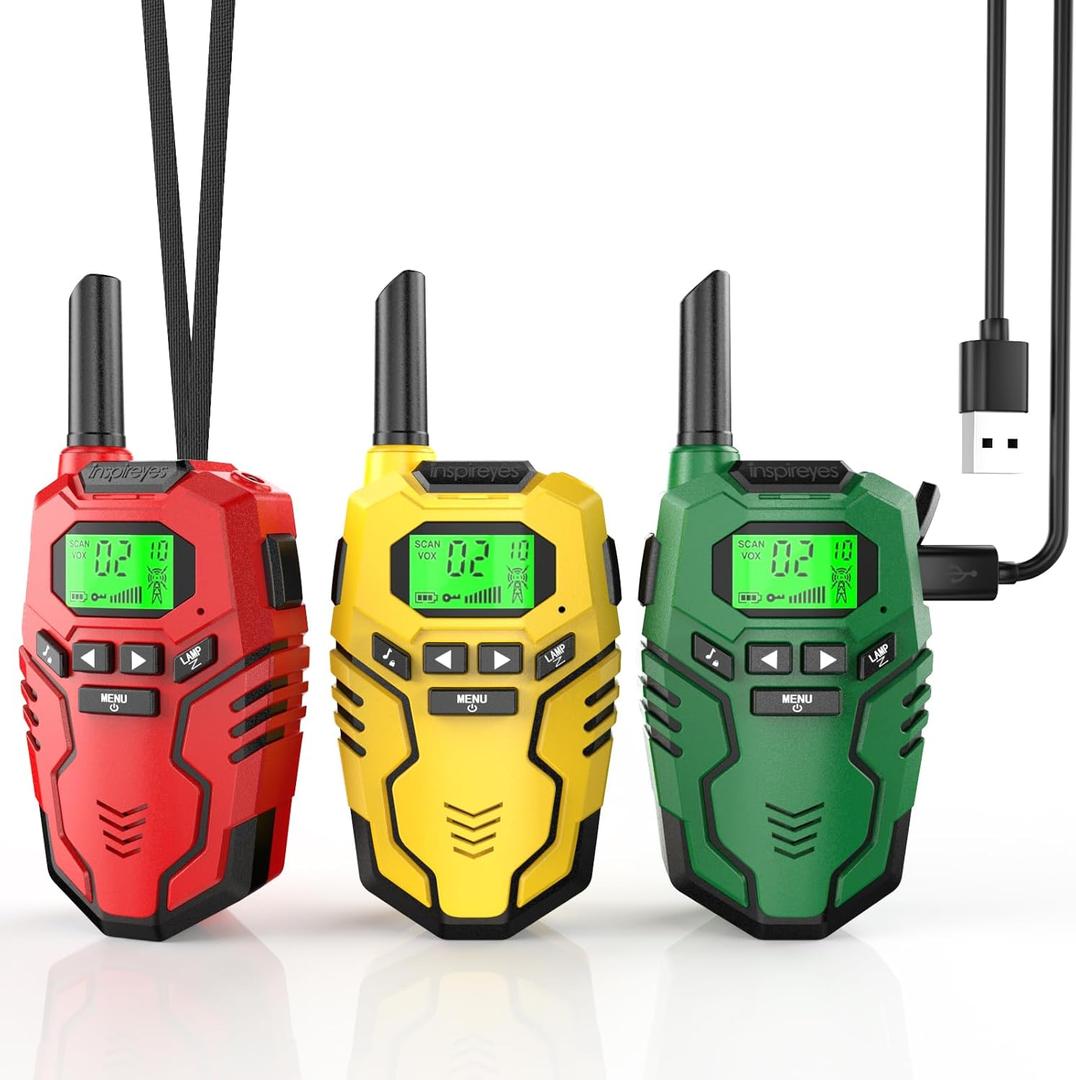 Inspireyes Walkie Talkies Toys for Kids Rechargeable, Long Range 2 Way Radio, Outdoor Beach Camping Road Trip Role Play Toys for 3 4 5 8-12 Year Old Boys Birthday Xmas Gift for Kids, 3 Pack