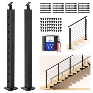 CKE 5-10ft Complete Set 36" Stair Cable Railing Post Kit (35"x2"x2") for 25-35 Stair, 2 Pack Stair Cable Posts, 150ft 1/8" Wire Rope, Black Swageless Invisible Cable Railing System DIY Kit SPS01