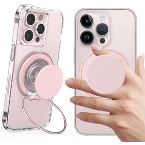 AUROX for MagSafe Phone Grip, Magnetic Phone Grips [Comfortable Grip], Expandable Collapsible Phone Grip Stand Holder with Adjustable Kickstand, for iPhone 17 16 15 14 13 12 Series,Transparent Pink