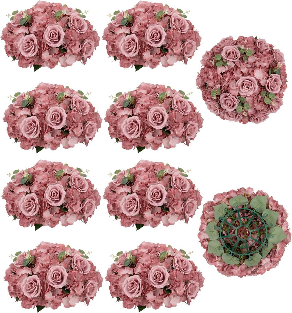 BLOSMON Artificial Flower Balls Wedding Centerpieces 10pcs 15.7" Large Dusty Pink Fake Flowers Rose Hydrangea Ball Arrangement Center Pieces for Table Silk Floral Bouquet for Wedding Party Home Decor,Diam 15.7" - 10 Pcs, Dusty Rose