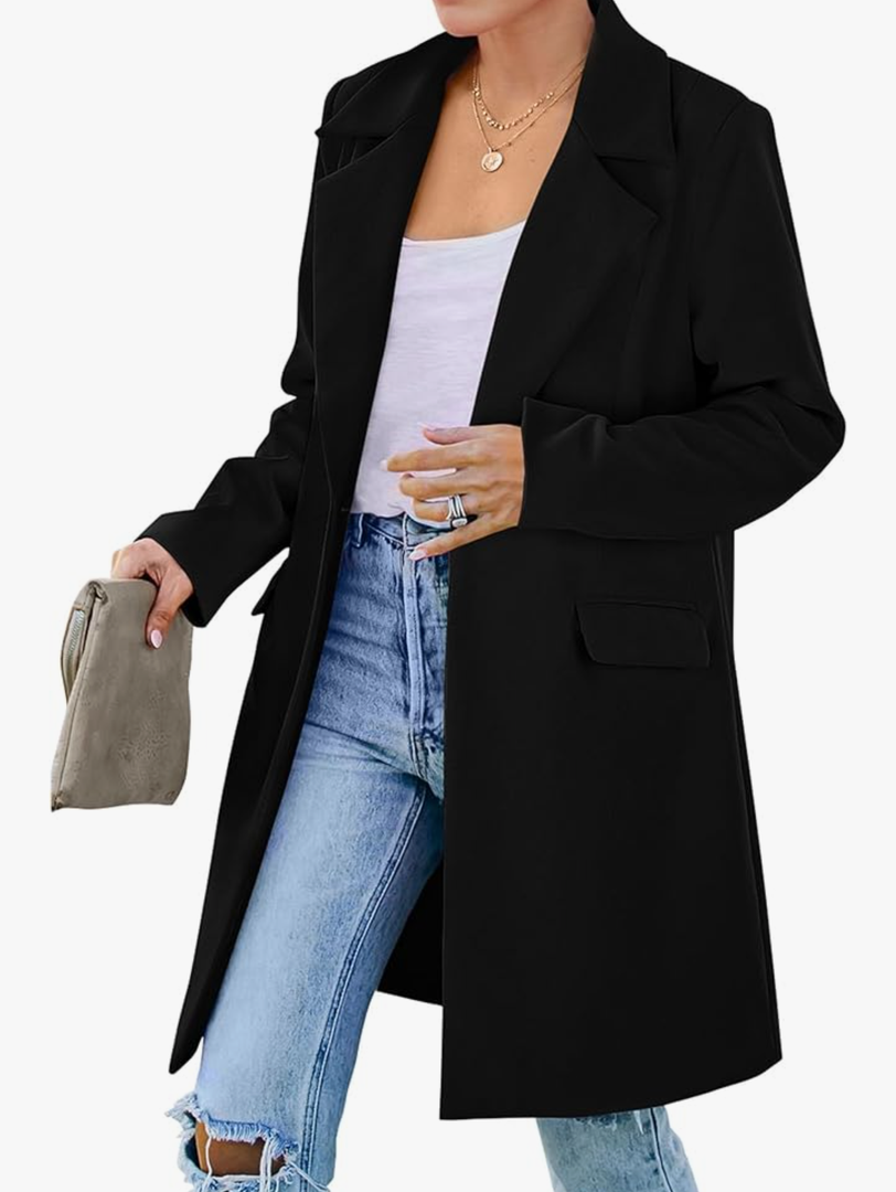 Women's 2026 Spring Fall Long Blazer Jackets Long Sleeve Lapel Pockets Loose Fit Work Casual Blazers Outerwear Black L